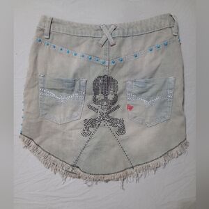 Anthony Frym New London Asymmetrical Denim Fringe Skirt Embroidered Skull Rodeo